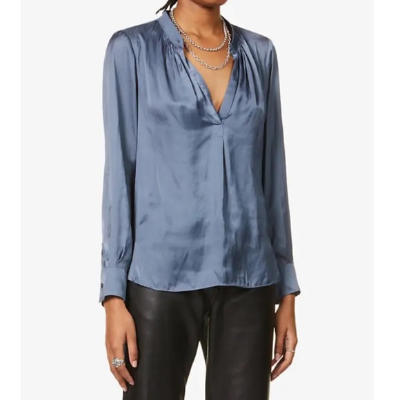 ZADIG&VOLTAIRE Tink Blue Long Sleeve Relaxed-Fit Satin V-Neck Blouse Size Medium - Picture 1 of 8